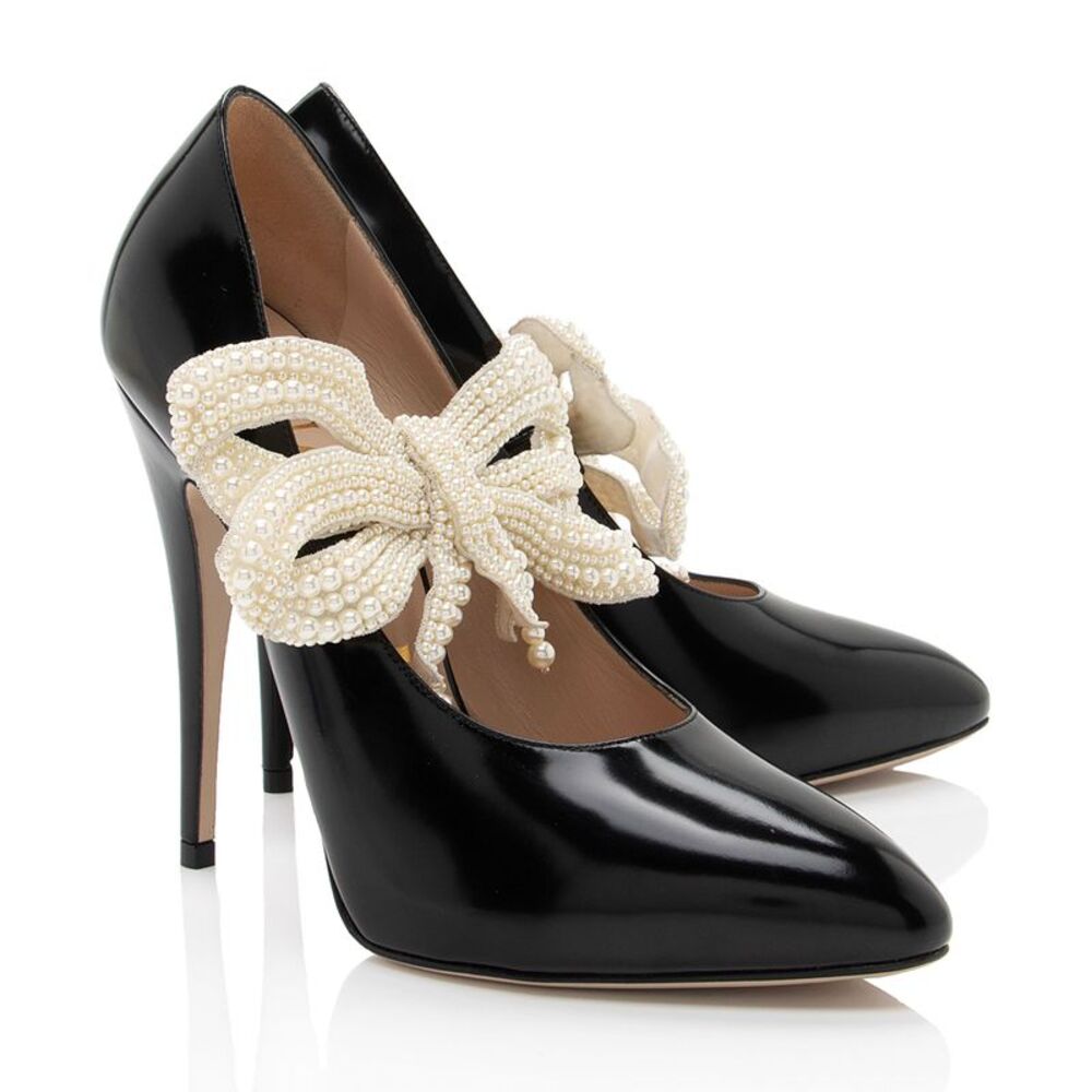 Gucci Polished Leather Removable Faux Pearl Bow Pumps - Size 7 / 37 - Picture 2 of 9